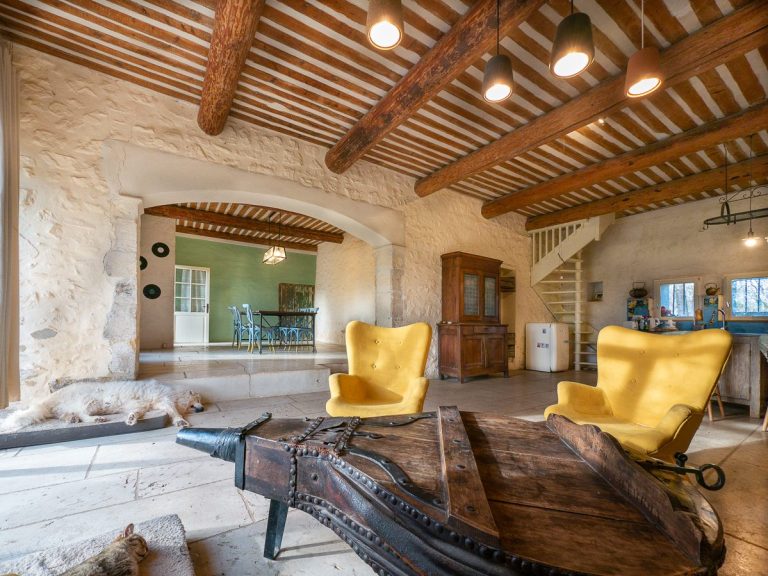 Intérieur d'une pièce spacieuse avec des fauteuils jaunes et un mobilier en bois.