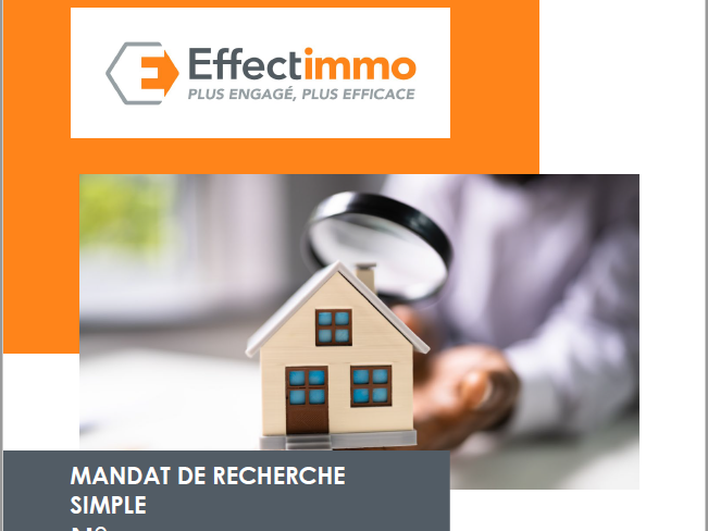 Maison miniature sous une loupe, accompagnée du logo Effectimmo et du titre "Mandat de recherche simple".